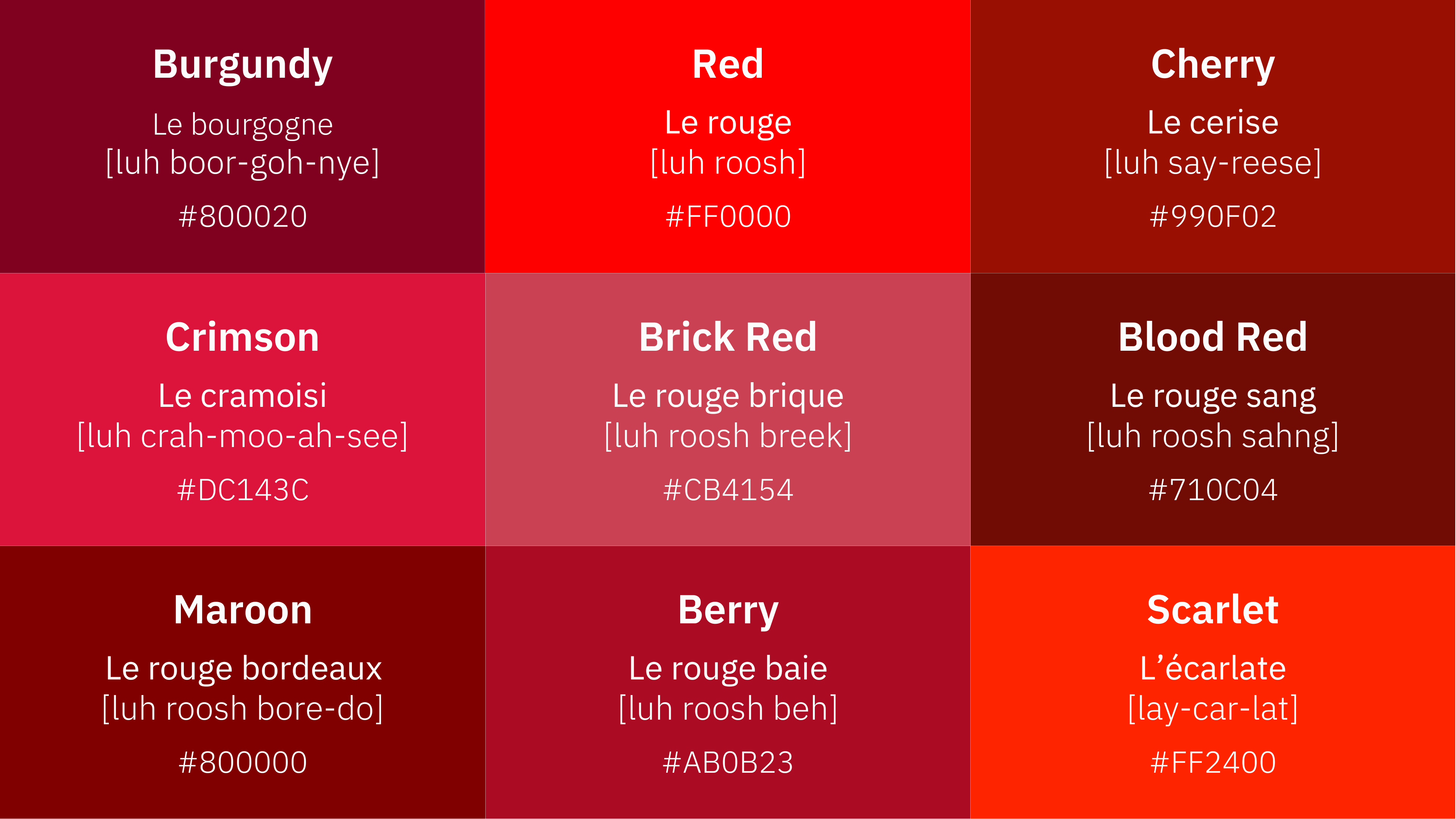 Übersicht der verschiedenen Töne der Farbe Rot