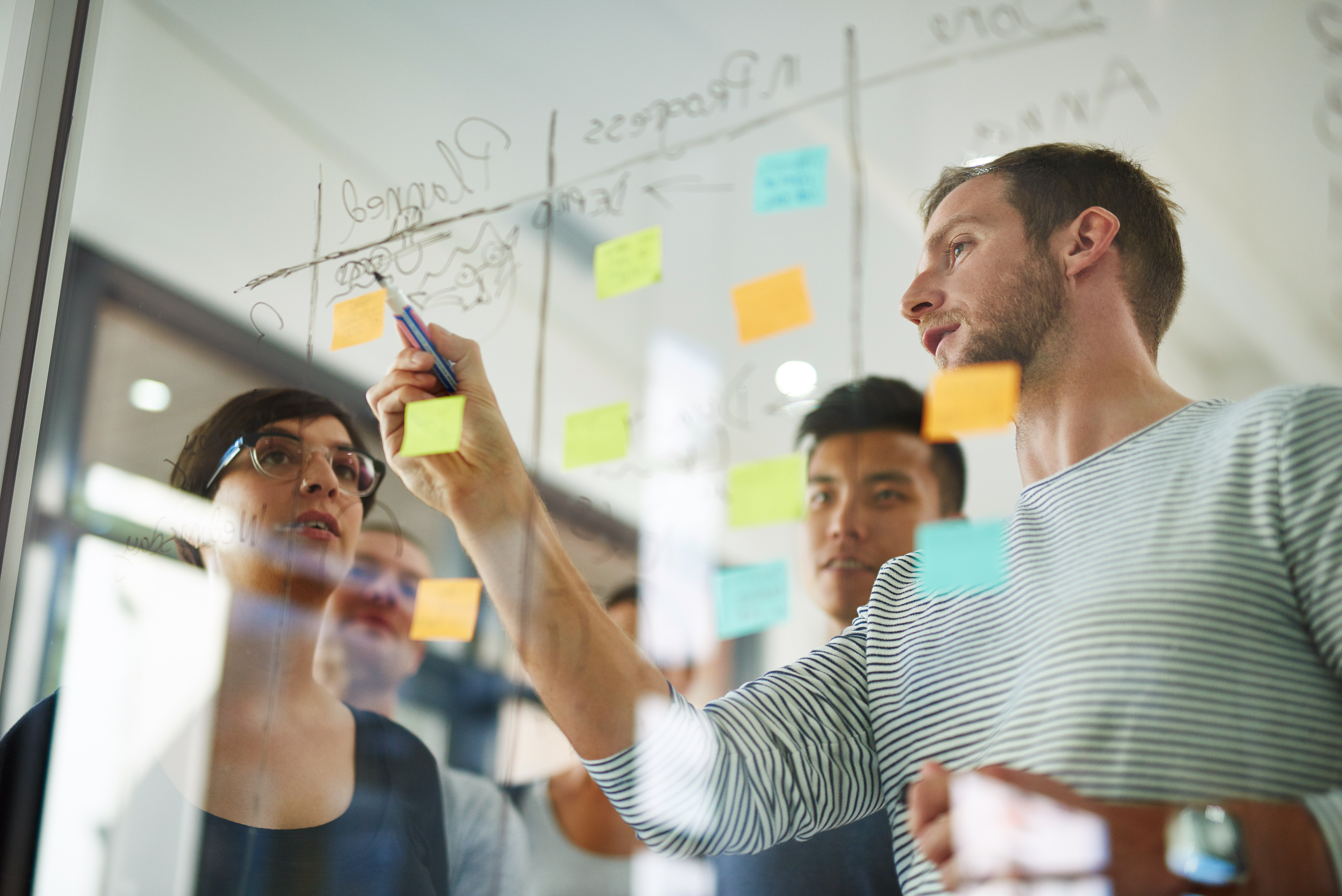 Kollegen suchen mithilfe von Techniken und Methoden nach innovativen Lösungen