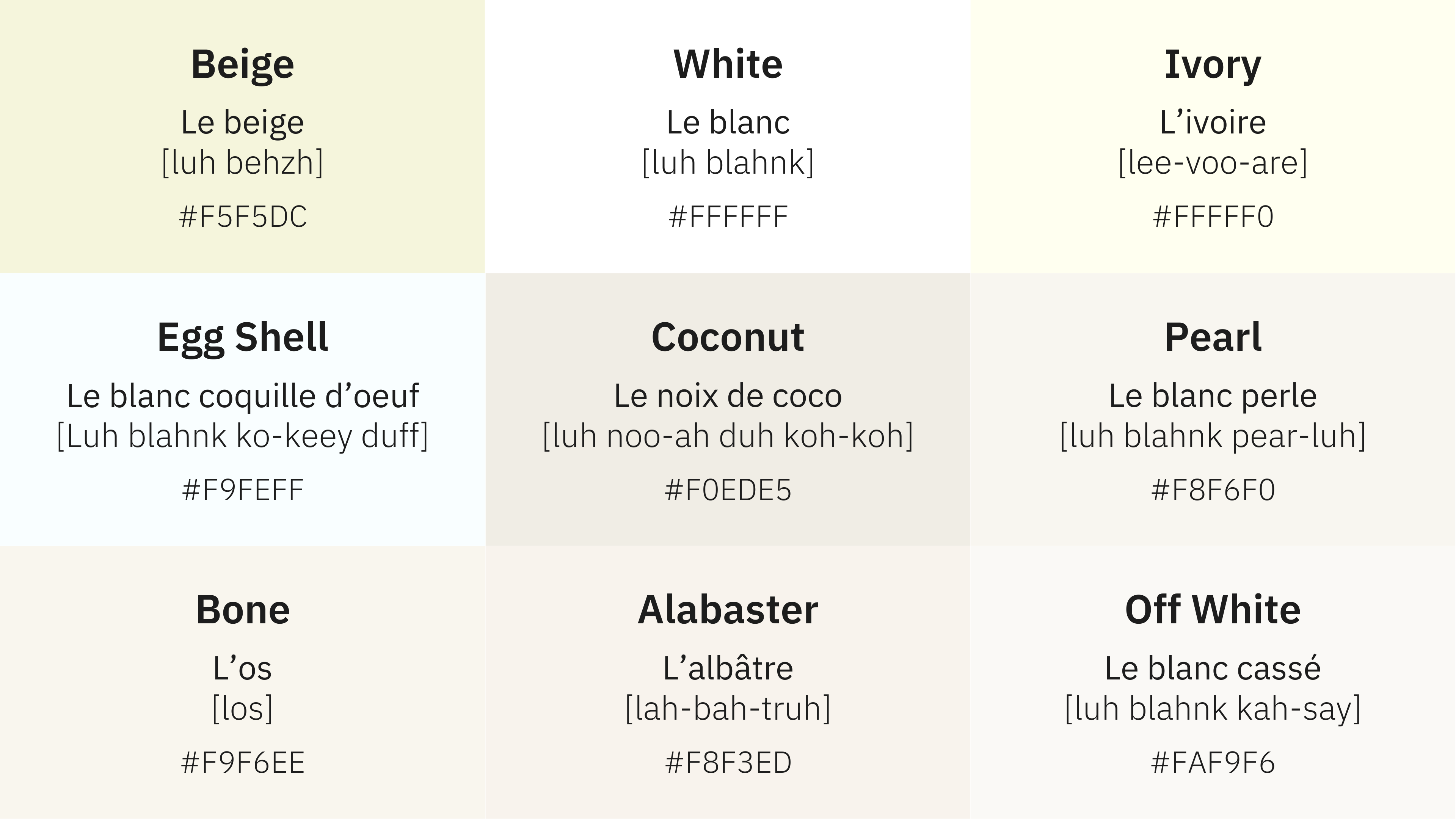Übersicht der verschiedenen Töne der Farbe Weiß