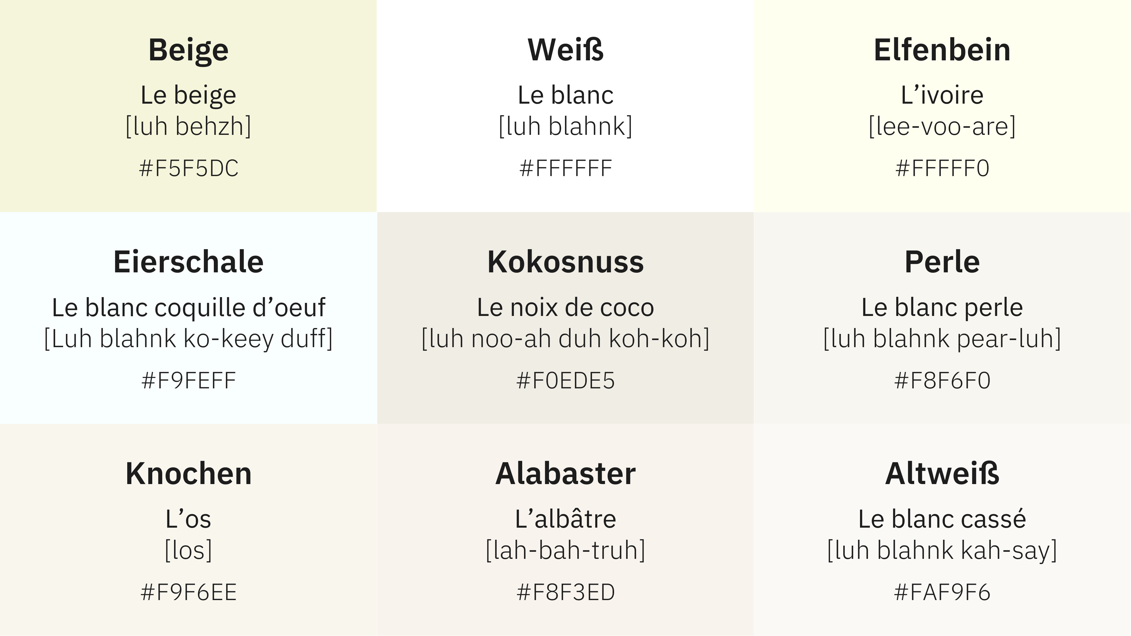 Übersicht der verschiedenen Töne der Farbe Weiß