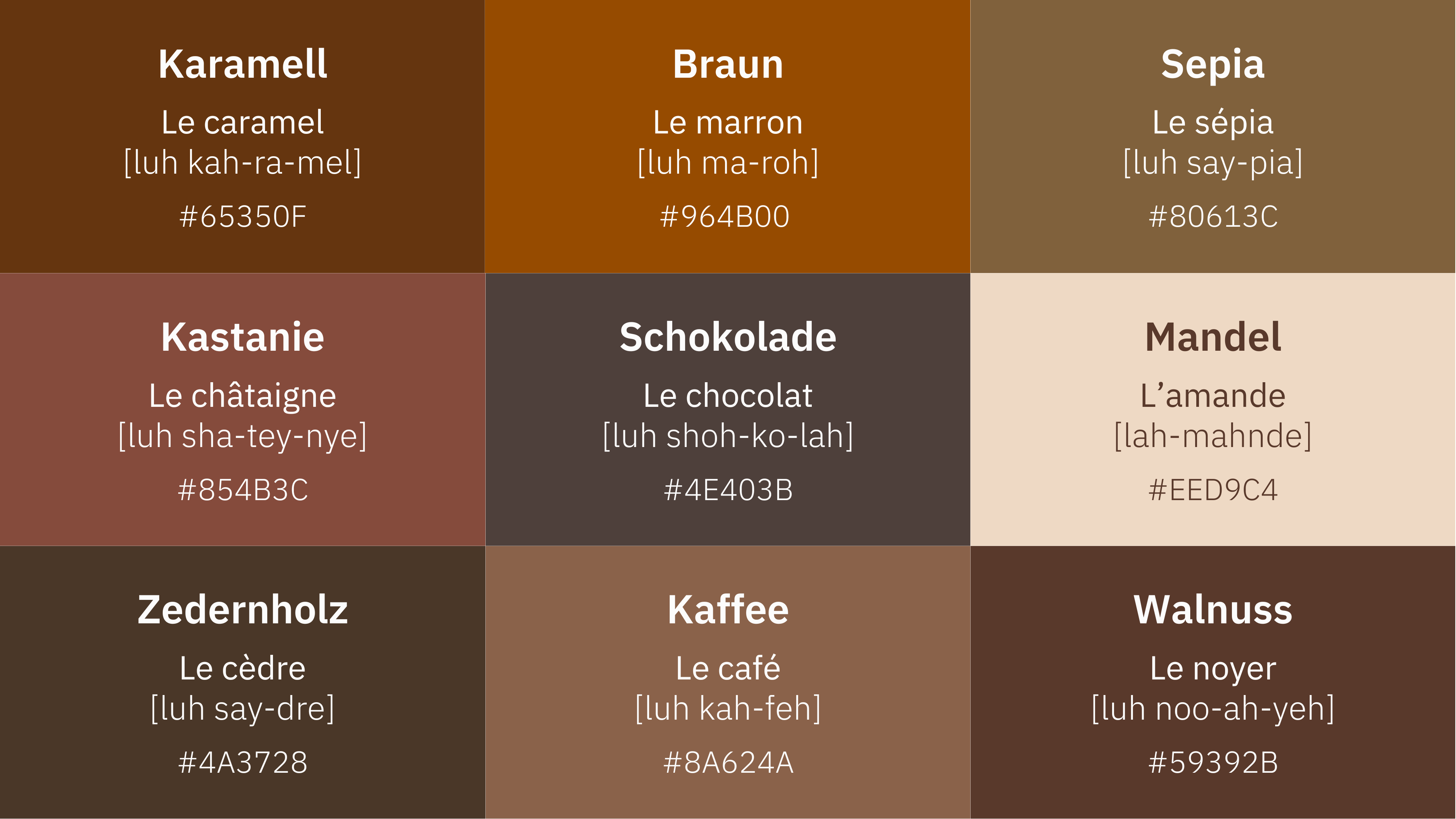 Übersicht der verschiedenen Töne der Farbe Braun