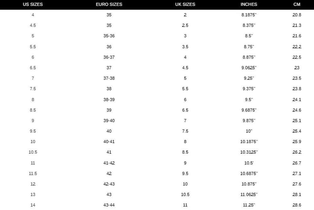 Women's Shoe Size Chart