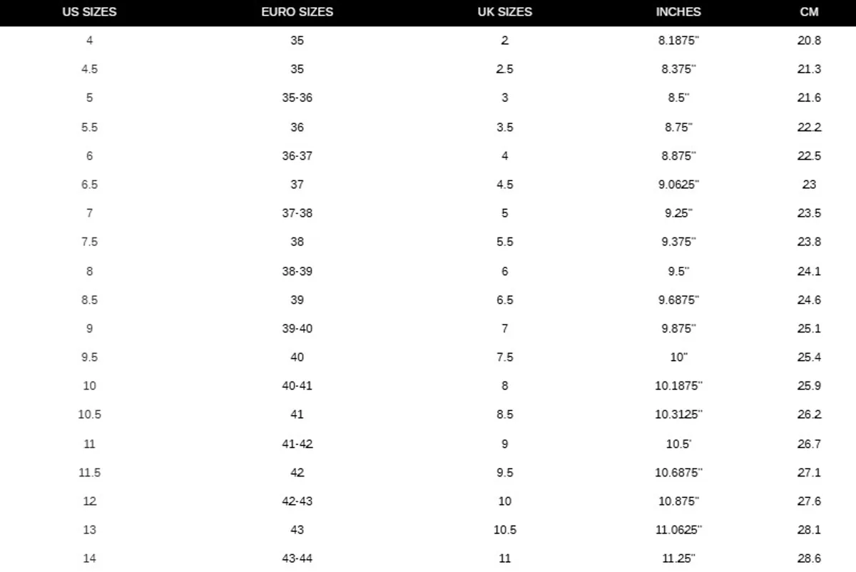 Women's Shoe Size Chart