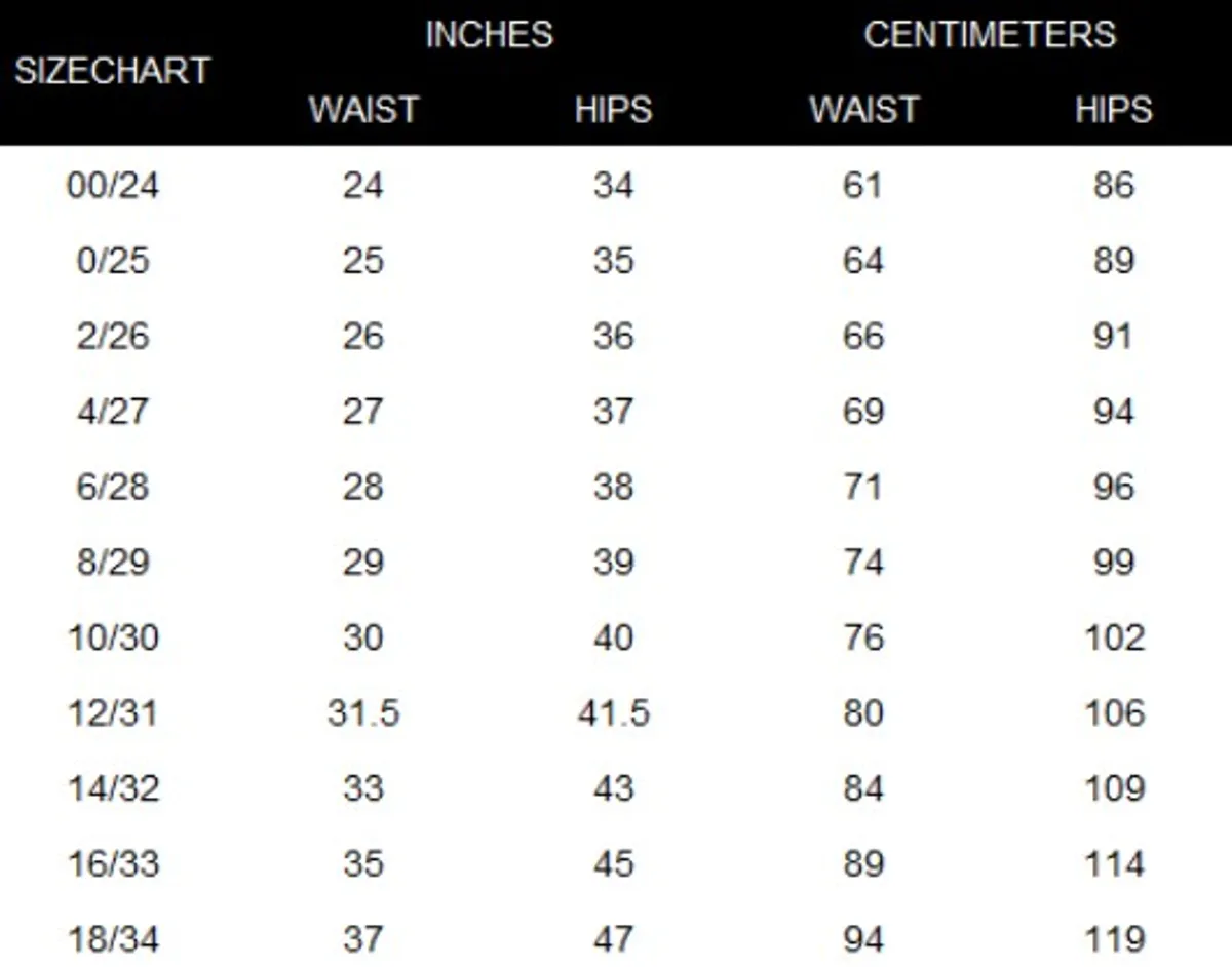 Denim Size Chart