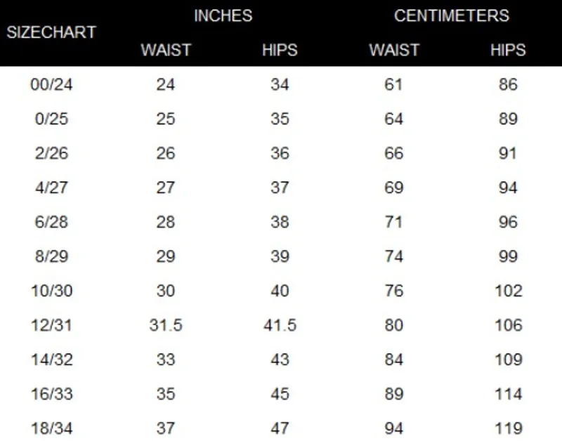 Denim Size Chart