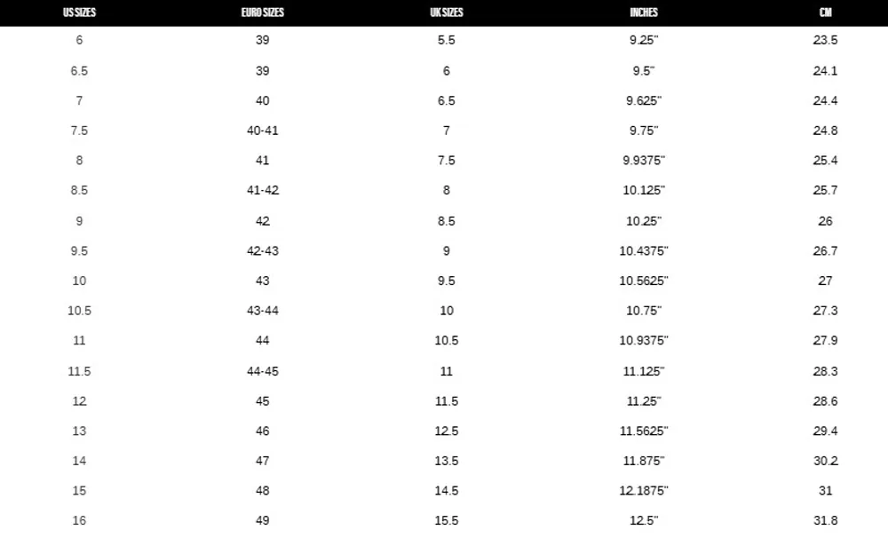 Men's Shoe Size Chart