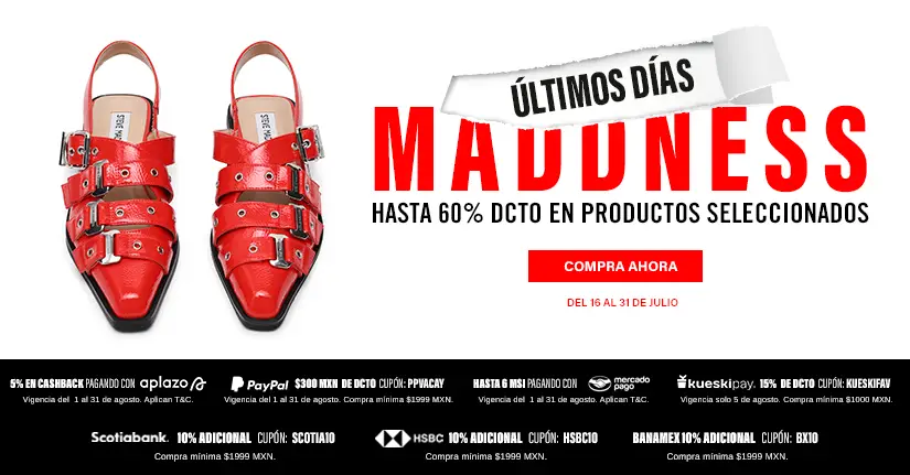 ¡Es momento de brillar! Descubre la temporada de rebajas Steve Madden con hasta 60% de descuento en producto seleccionado del 16 de julio al 7 de agosto 2025. Renueva tu estilo con sandalias, bolsos y tenis de moda con precios irresistibles. ¡No dejes pasar esta oportunidad y consigue tus must-haves antes de que se agoten!