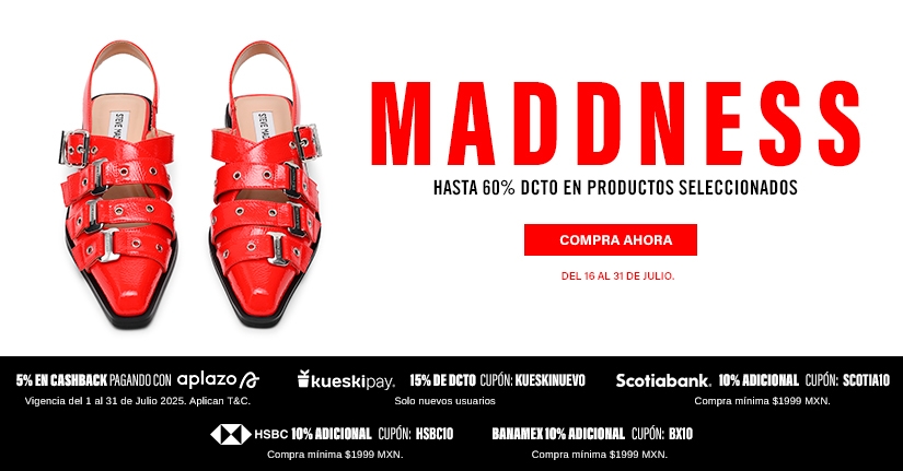 ¡Es momento de brillar! Descubre la temporada de rebajas Steve Madden con hasta 60% de descuento en producto seleccionado del 16 de julio al 4 de agosto 2025. Renueva tu estilo con sandalias, bolsos y tenis de moda con precios irresistibles. ¡No dejes pasar esta oportunidad y consigue tus must-haves antes de que se agoten!