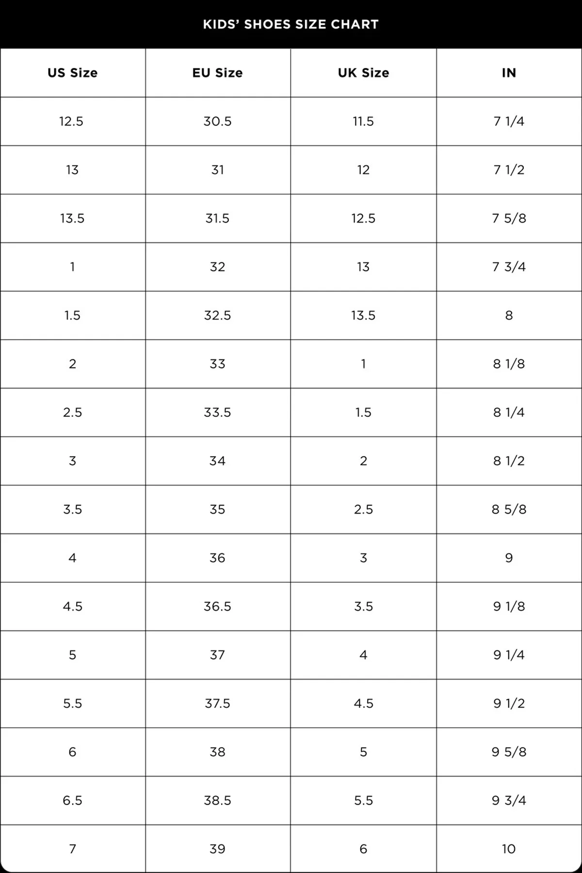 Kids’ Shoe Size Chart
