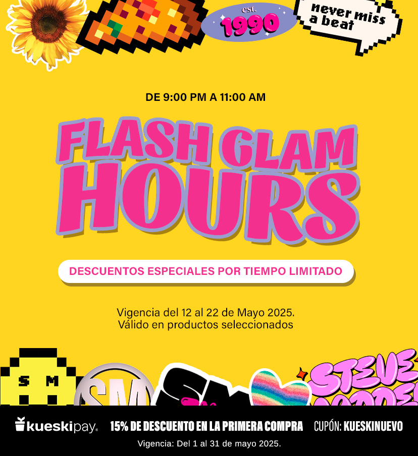Flash Glam Hours. Compra con grandes descuentos del 12 al 22 de Mayo 2025 de 9:00 pm a 11:00 am.