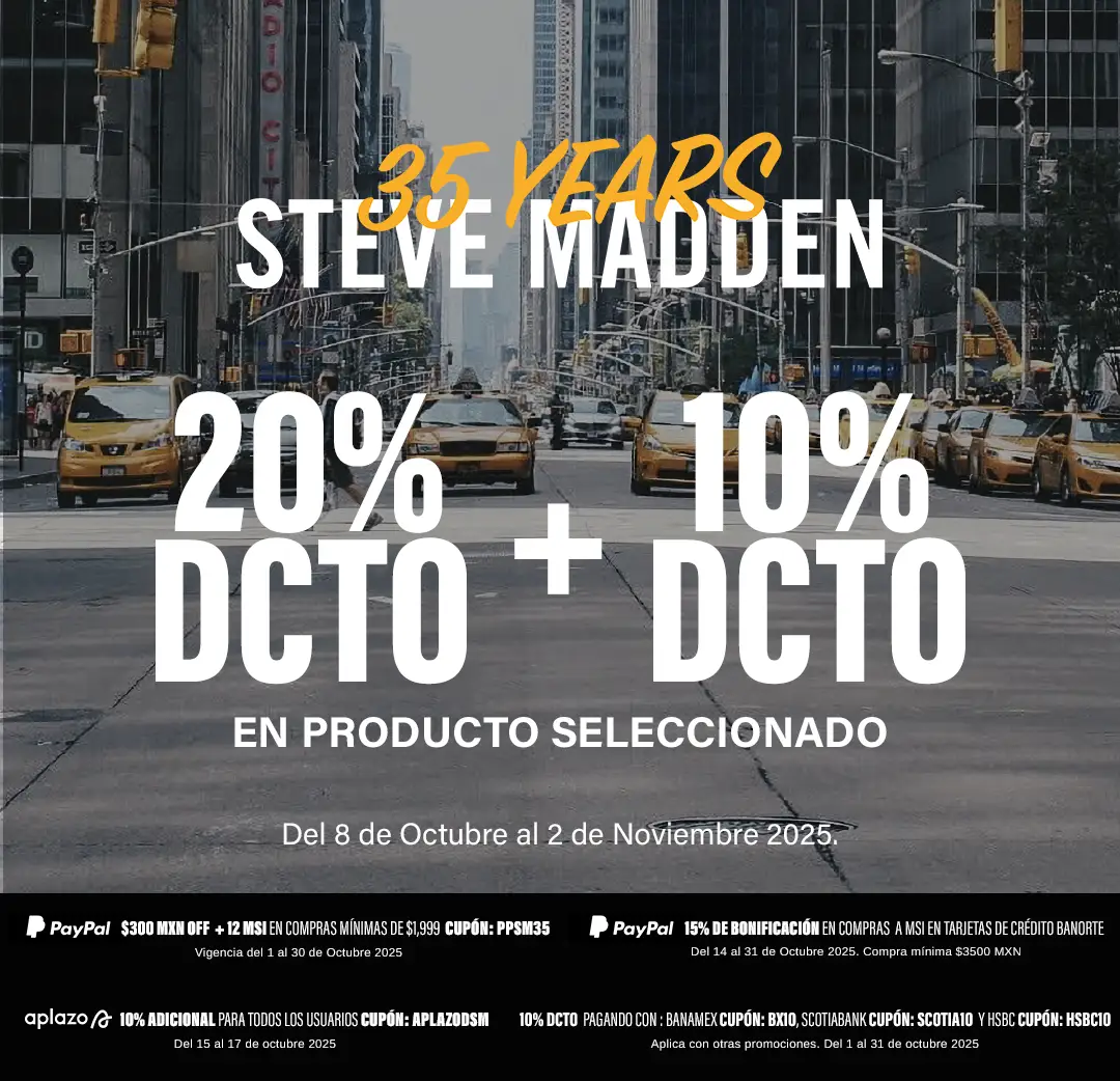 Celebramos 35 años de estilo con Steve Madden: disfruta de 20% OFF + 10% adicional en producto seleccionado.