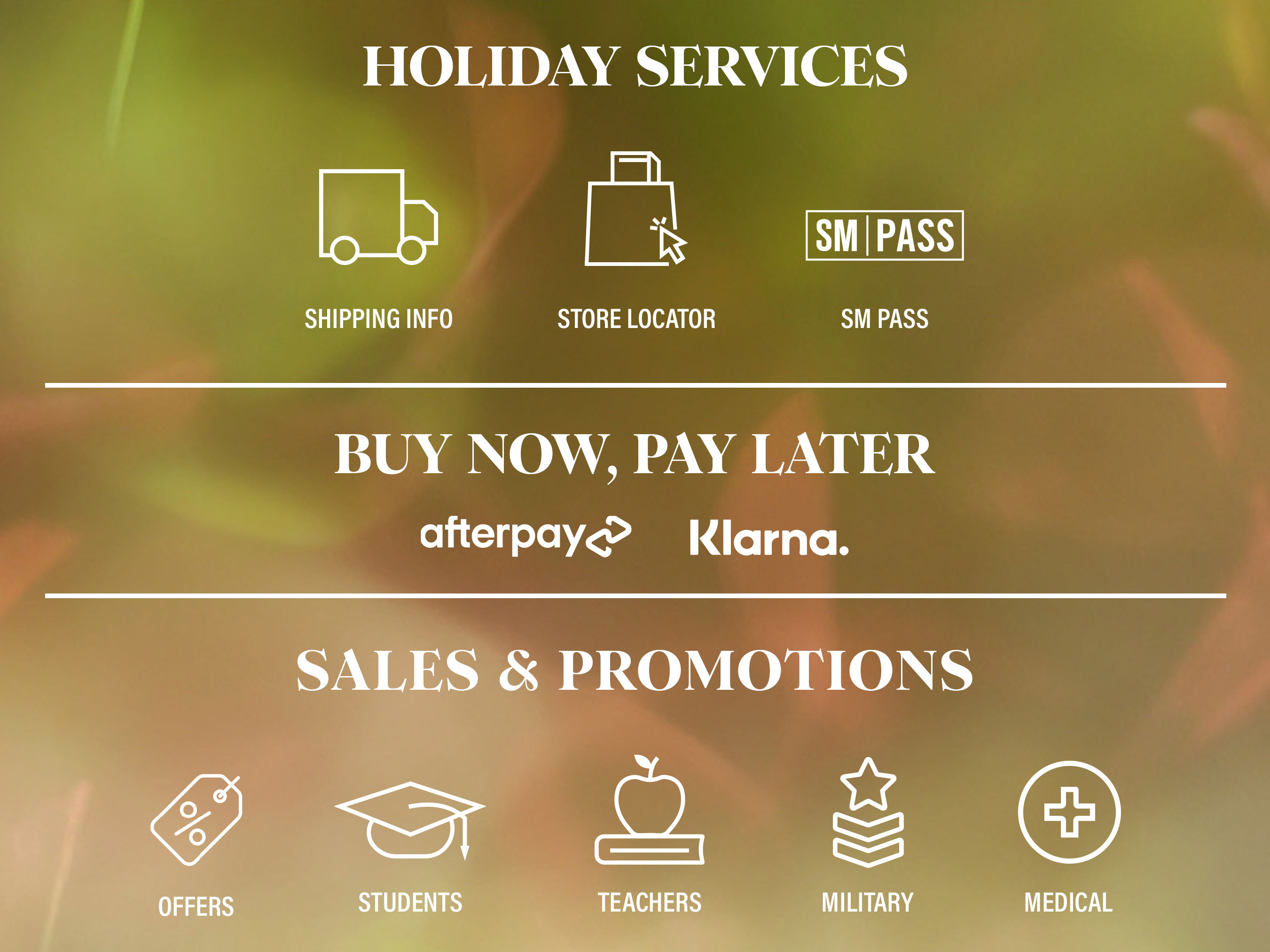 List of Holiday Services, buy now pay later options, and sales and promotions on a green backgorund