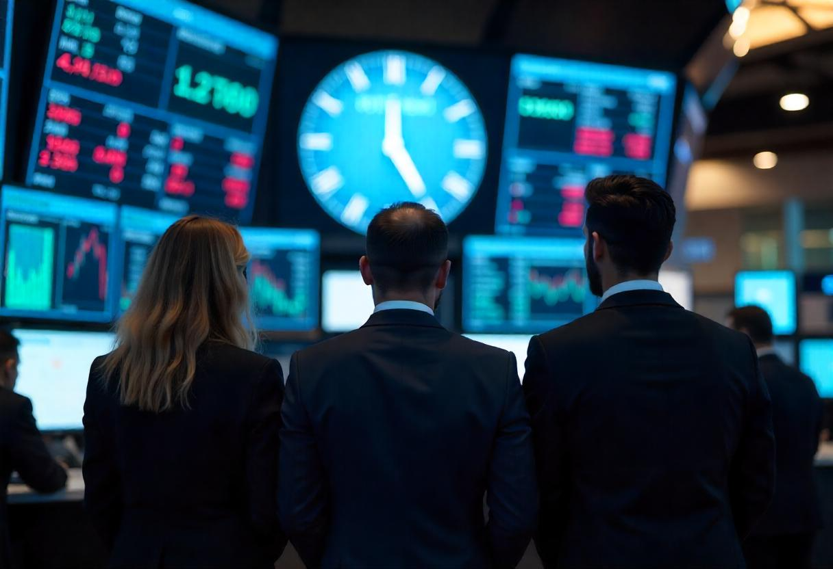 three people staring at screens on the trading floor