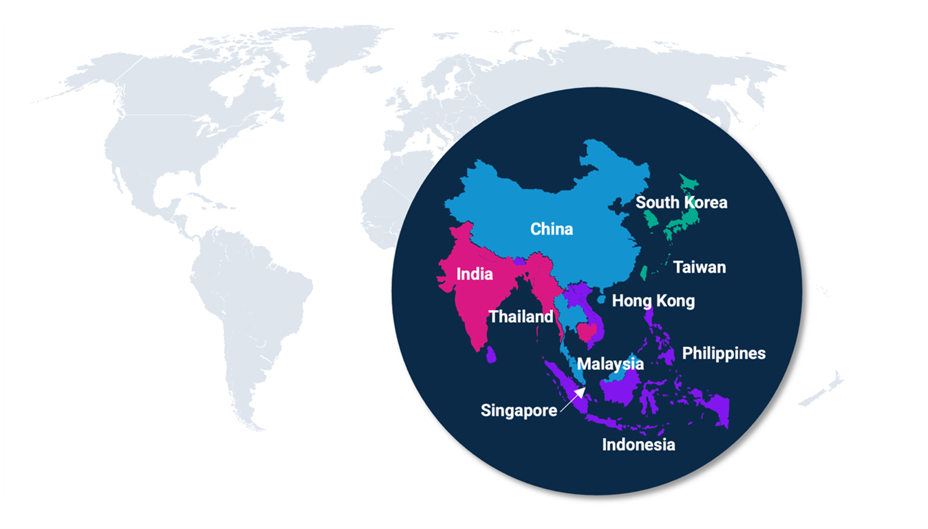 Map highlighting Asian countries and regions (China, India, Thailand, Singapore, Indonesia, Malaysia, Philippines, Hong Kong, Taiwan, South Korea) in different colors within a circular zoomed in area.