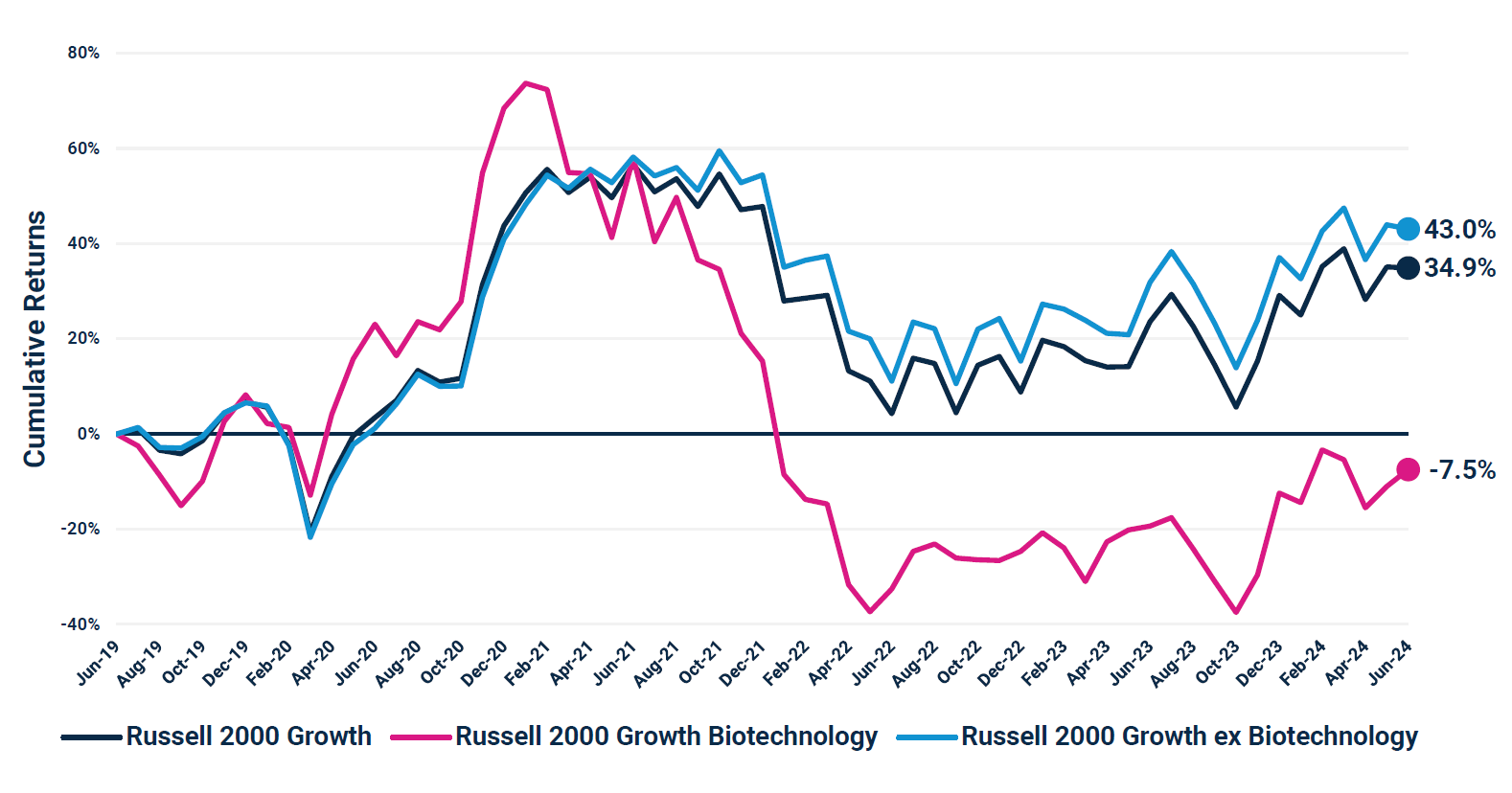 Line graph showing Cumulative returns for Russell 2000 Growth, Russell 2000 Growth Biotechnology, and Russel 2000 Growth ex Biotechnology between July 2019 -
      June 2024 (Computed Monthly).