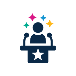 Icon of a speaker at a podium with colorful sparkles around their head.