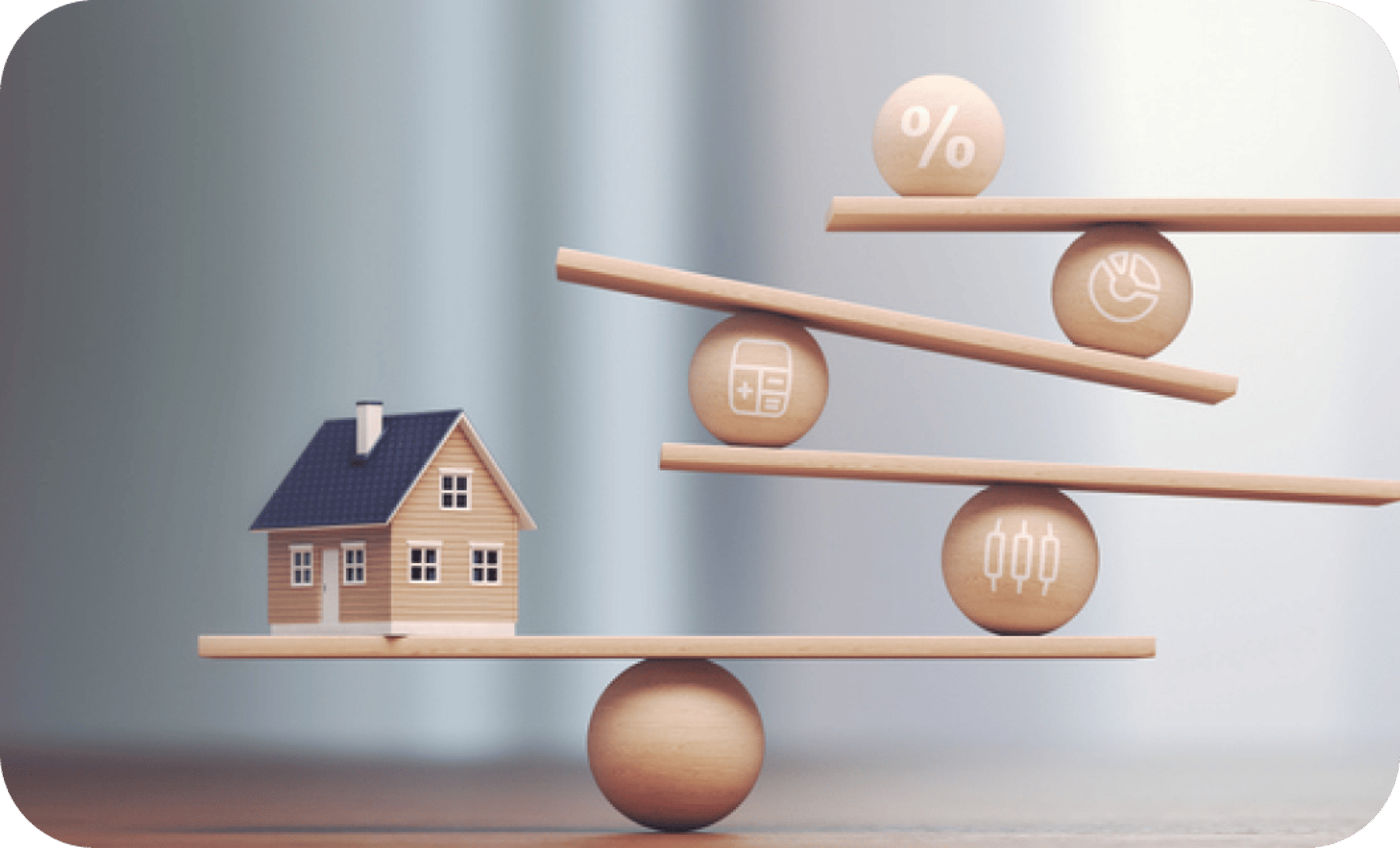 Wooden balance scale with a small house on one side and wooden spheres with percent, calculator and chart icons on the other