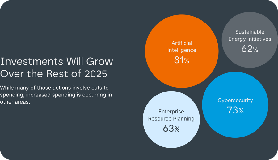 Investments Will Grow Over the Rest of 2025, While many of those actions involve cuts to spending, increased spending is occurring in other areas: Artificial Intelligence 81%, Cybersecurity 73%, Enterprise Resource Planning 63%,  Sustainable Energy Initiatives 62%