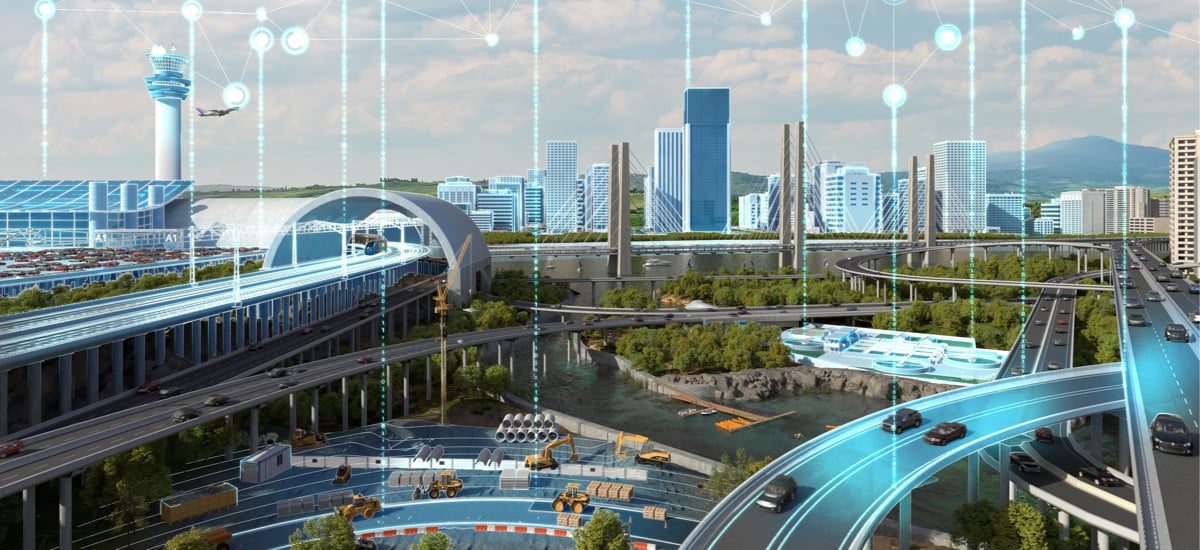 A fictional cityscape showing digital transformation and connected data across the architecture, engineering and construction (AEC) industry.