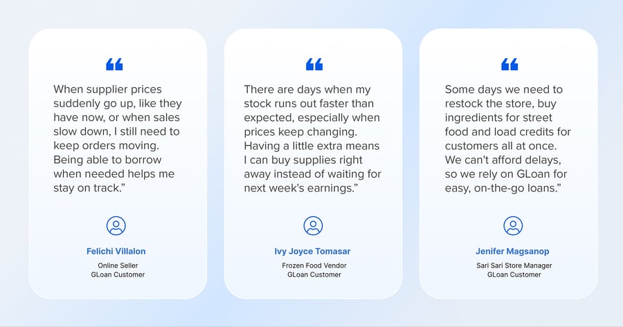 Small business owners Felichi Villalon, Ivy Joyce Tomasar and Jenifer Magsanop explain how GLoan helps them cover rising costs, restock quickly and avoid business delays.