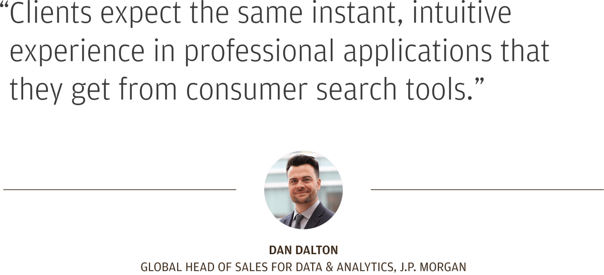 “Clients expect the same instant, intuitive experience in professional applications that they get from consumer search tools.” Dan Dalton Global Head of Sales for Data & Analytics, J.P. Morgan. 