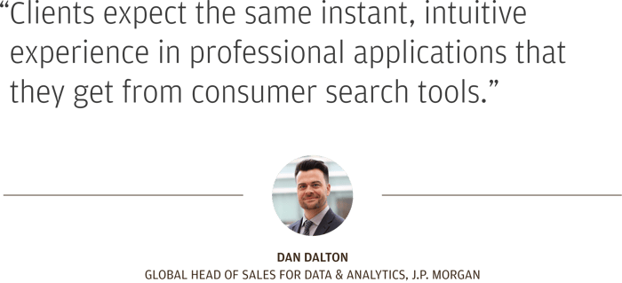 “Clients expect the same instant, intuitive experience in professional applications that they get from consumer search tools.” Dan Dalton Global Head of Sales for Data & Analytics, J.P. Morgan. 