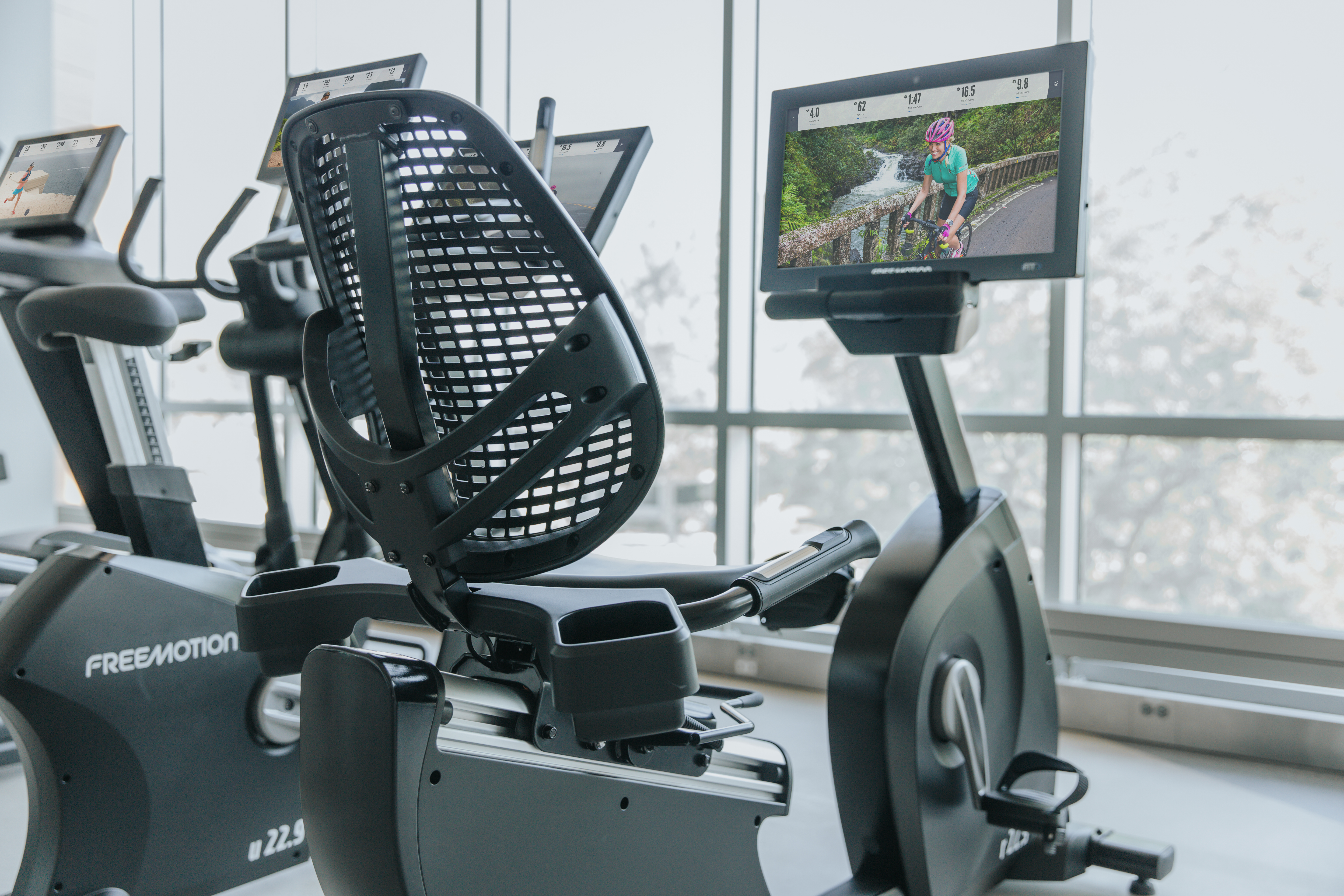 Mitglieder trainieren auf Freemotion-Laufbändern in einem hellen Fitnessbereich