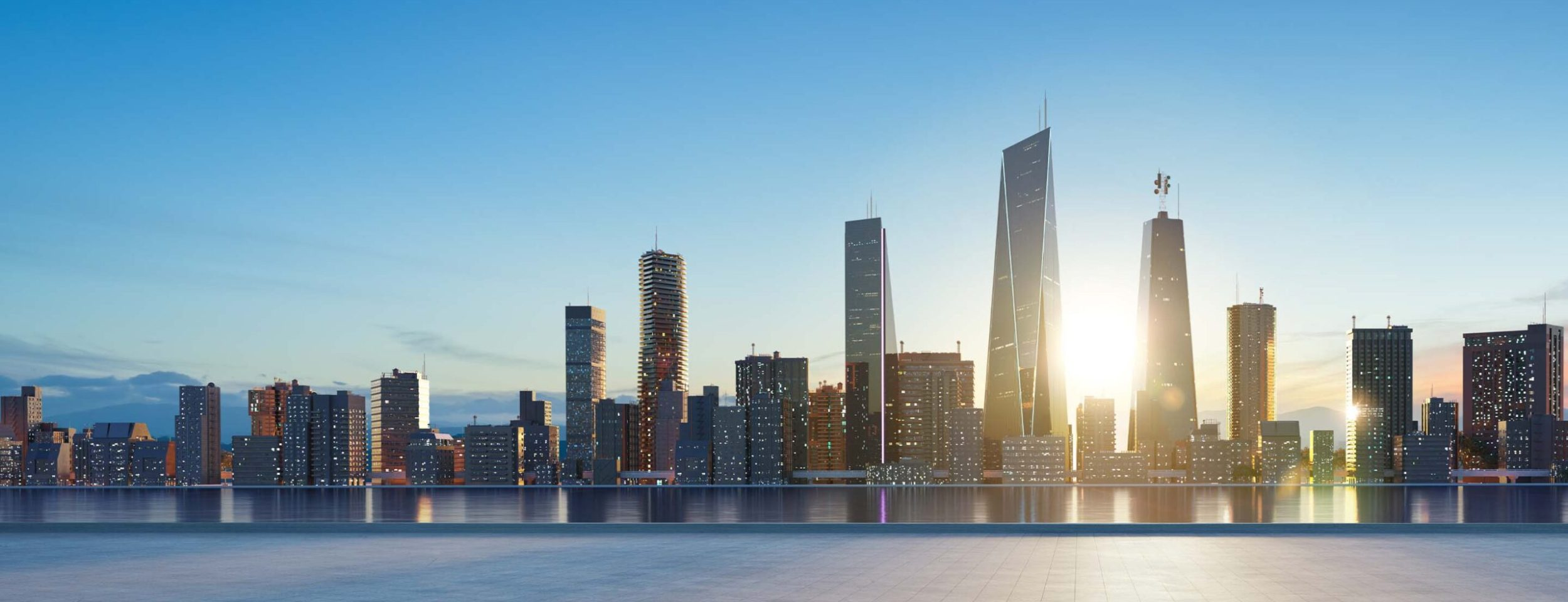 City skyline at sunrise