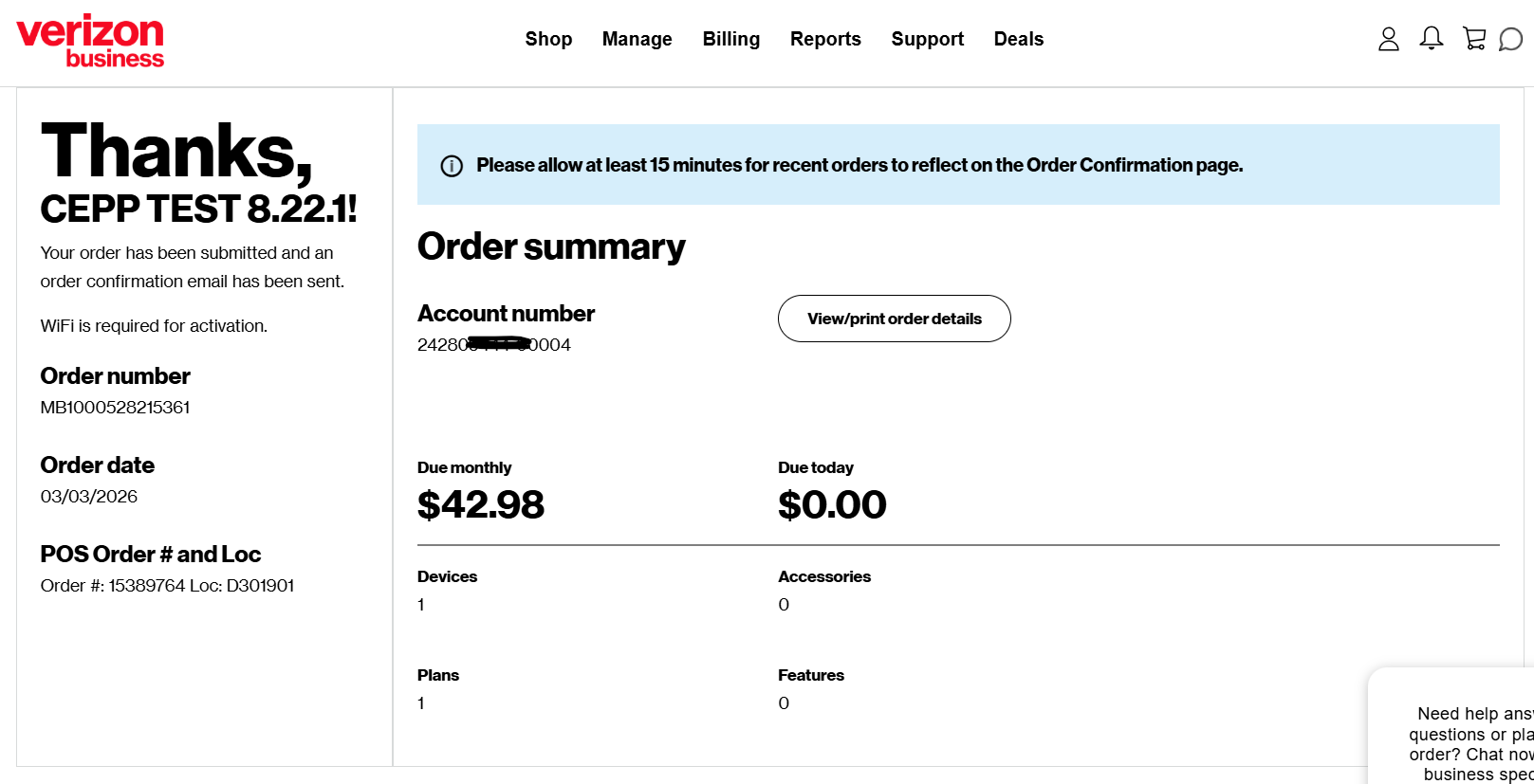 Wide | Verizon Business order confirmation summary screen