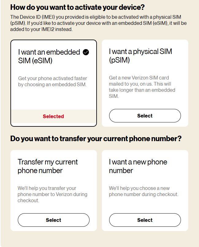 Tile | Web portal configuration screen with SIM activation and number transfer options