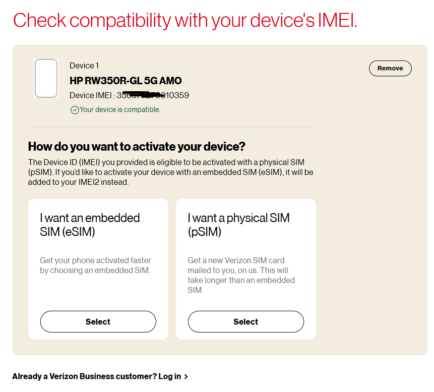 Tile | Device IMEI compatibility check screen showing positive confirmation status and SIM options