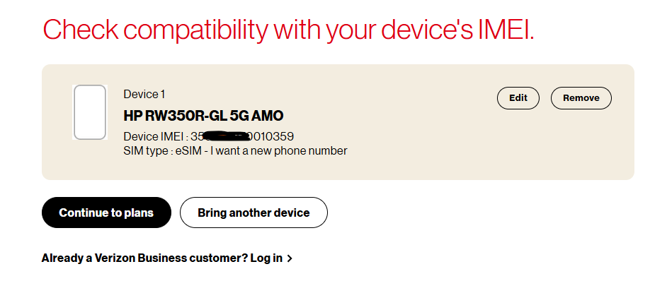 Tile | Device IMEI compatibility check screen showing validated HP laptop card