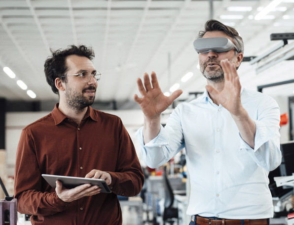 Sqre|business colleagues using vr headset tablet