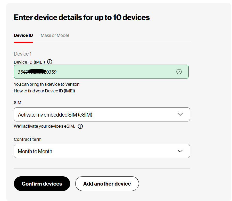 Tile | Web form portal step for entering device details with IMEI check