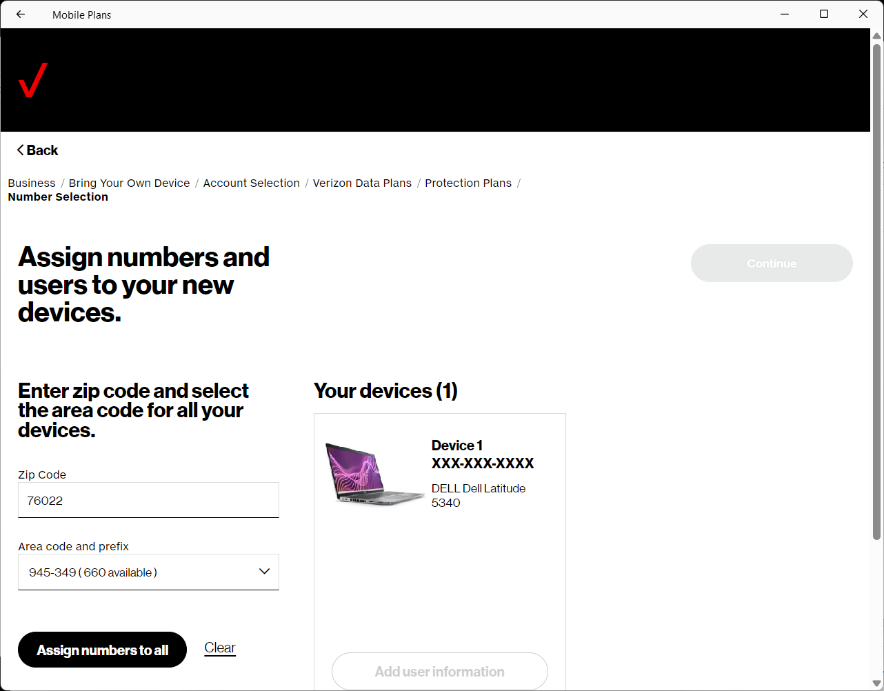 Wide | Verizon business portal initial number selection screen with zip code