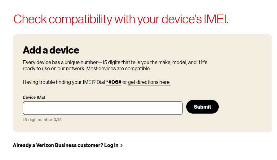 Tile | Verizon Business device compatibility screen with empty IMEI input field