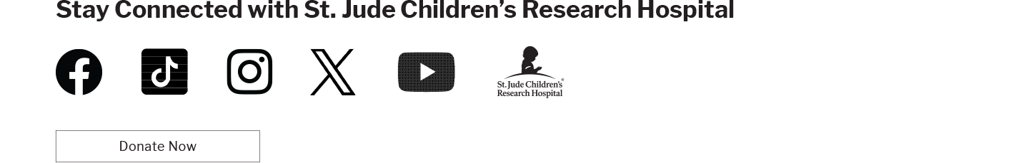 Stay connected with St. Jude Children's Research Hospital.
Facebook Instagram Twitter Youtube