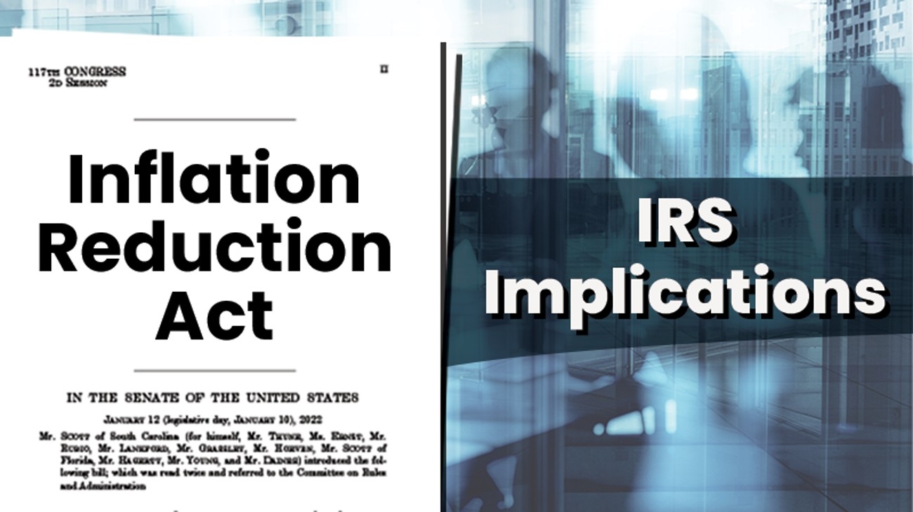 Split image with a document titled "inflation reduction act" on the left and a blurred office scene with the text "irs implications" on the right.