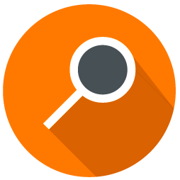 A magnifying glass icon on an orange circle.