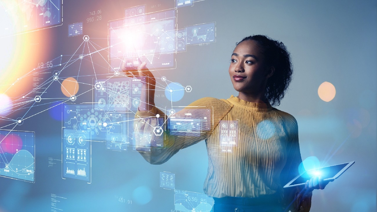 Digital transformation concept. System engineering. Binary code. Programming.Young woman on top of accounting trends