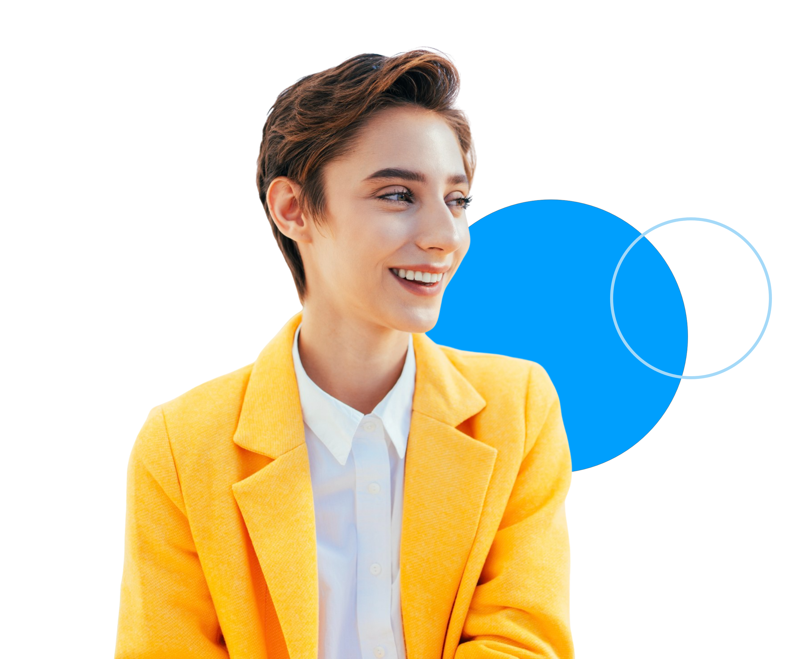 Woman with short hair smiling, wearing a yellow blazer, against a black background with a blue circle graphic.