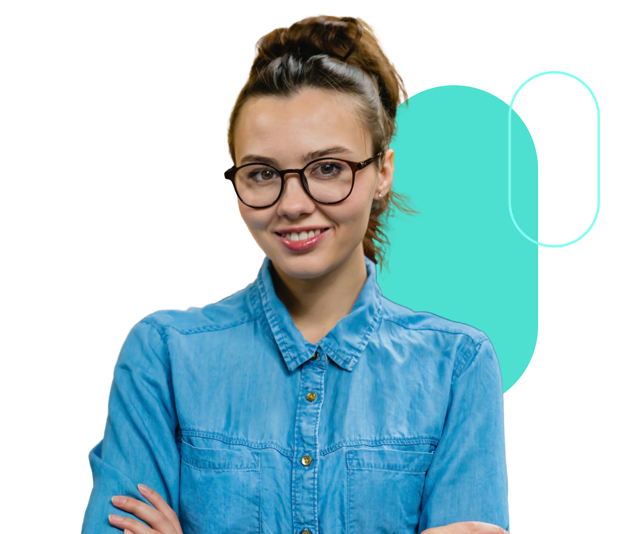 Young woman with a bun and glasses, wearing a denim shirt, smiling and standing with arms crossed, isolated on a black background with a teal graphic element.