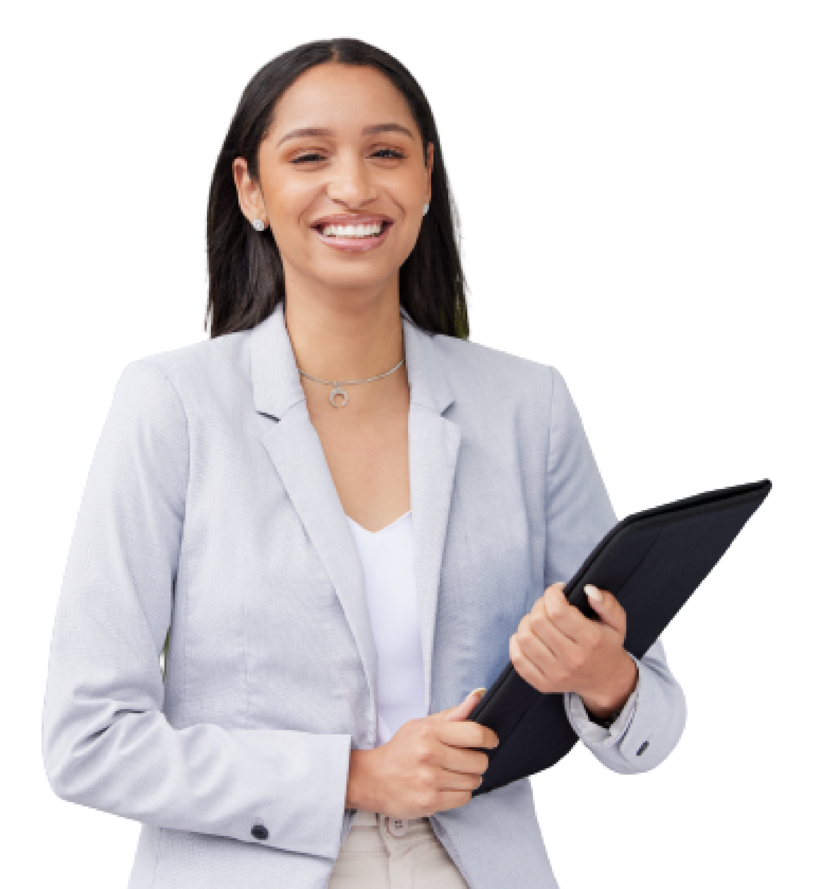 A professional woman in a light gray blazer and white shirt, smiling and holding a black folder, stands against a white background.