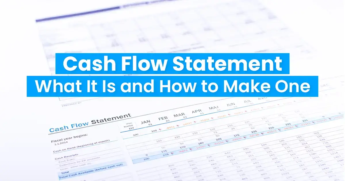 Image of a presentation slide with the title "cash flow statement: what it is and how to make one" over a blurred background showing a detailed financial document.