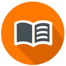 A book icon with a long shadow on an orange circle.