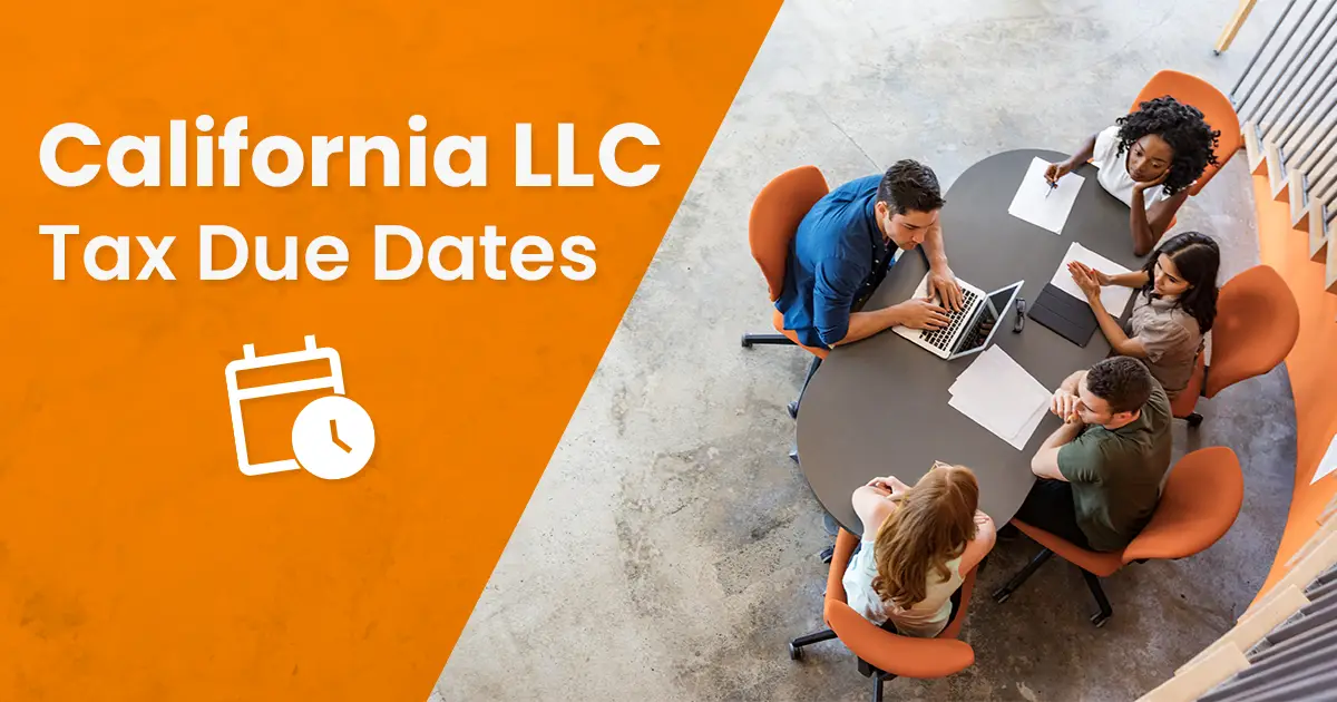 People discussing around a table with laptops and papers. Text on an orange background reads "California LLC Tax Due Dates.
