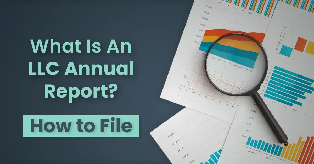 Graphs and documents with a magnifying glass on a dark blue background, featuring text about llc annual reports and filing instructions.