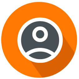 A flat icon with a long shadow on an orange circle.