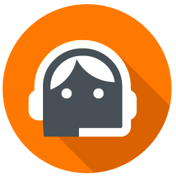 A flat icon of a person with a headset on an orange circle.