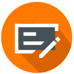 A white icon with a pen on an orange background.